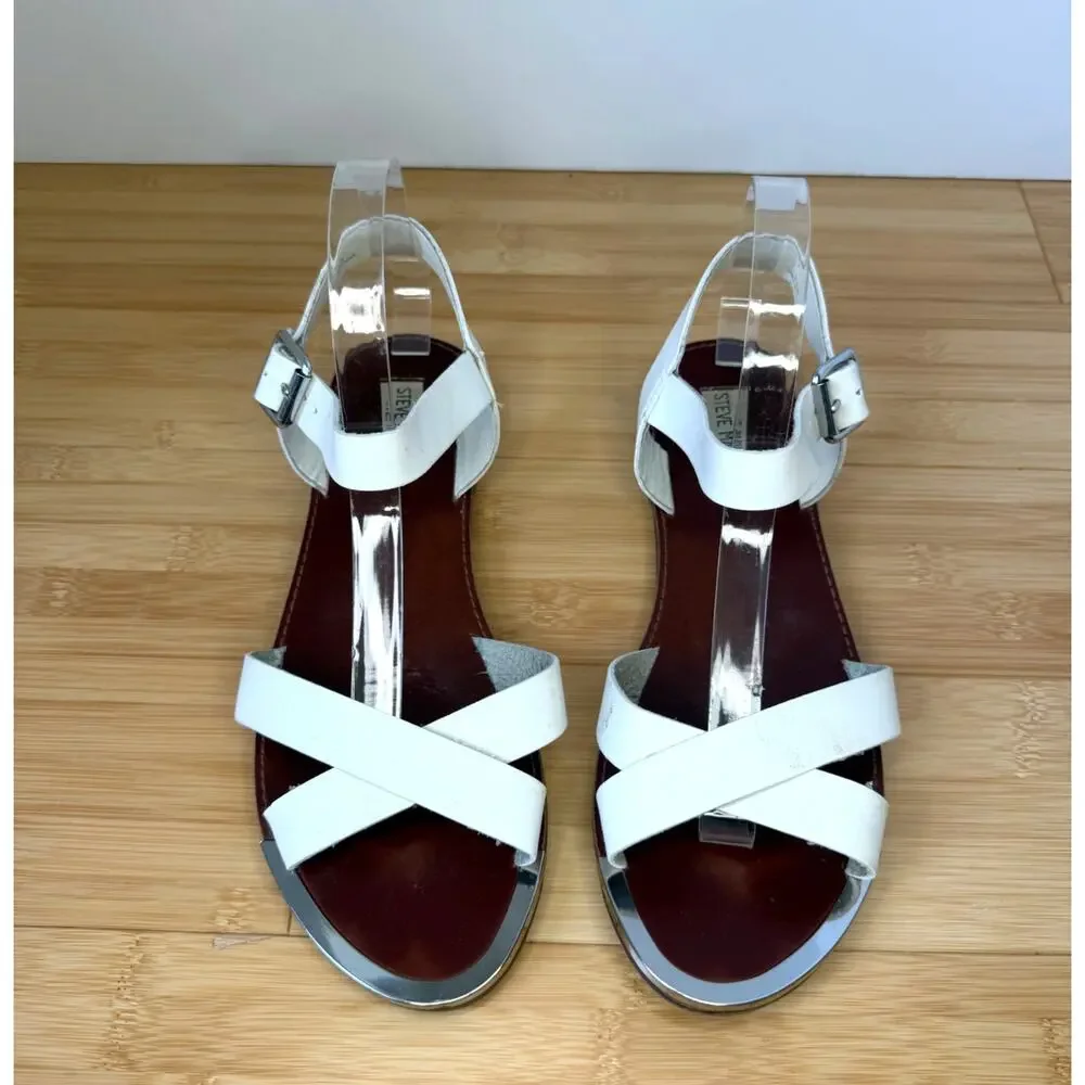 Steve Madden Bayle-R White Sandals Vegan Leather Silver Hardware Size 9.5